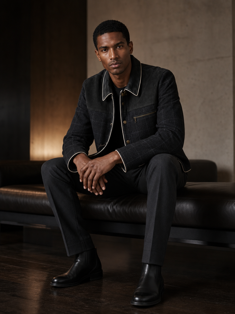 ARME black jacket seated editorial view