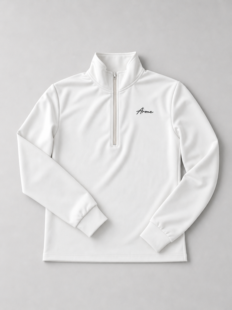 Flat lay front view of the ARME cream quarter zip
