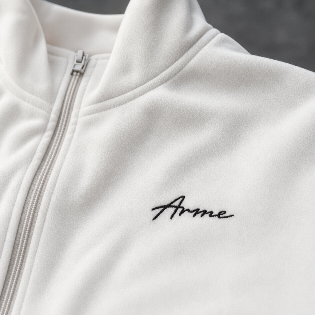 Close-up of the black embroidered ARME script logo and cream quarter-zip collar