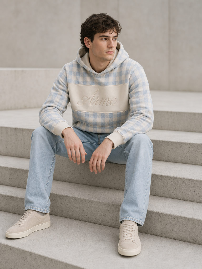 ARME gingham hoodie seated lifestyle view