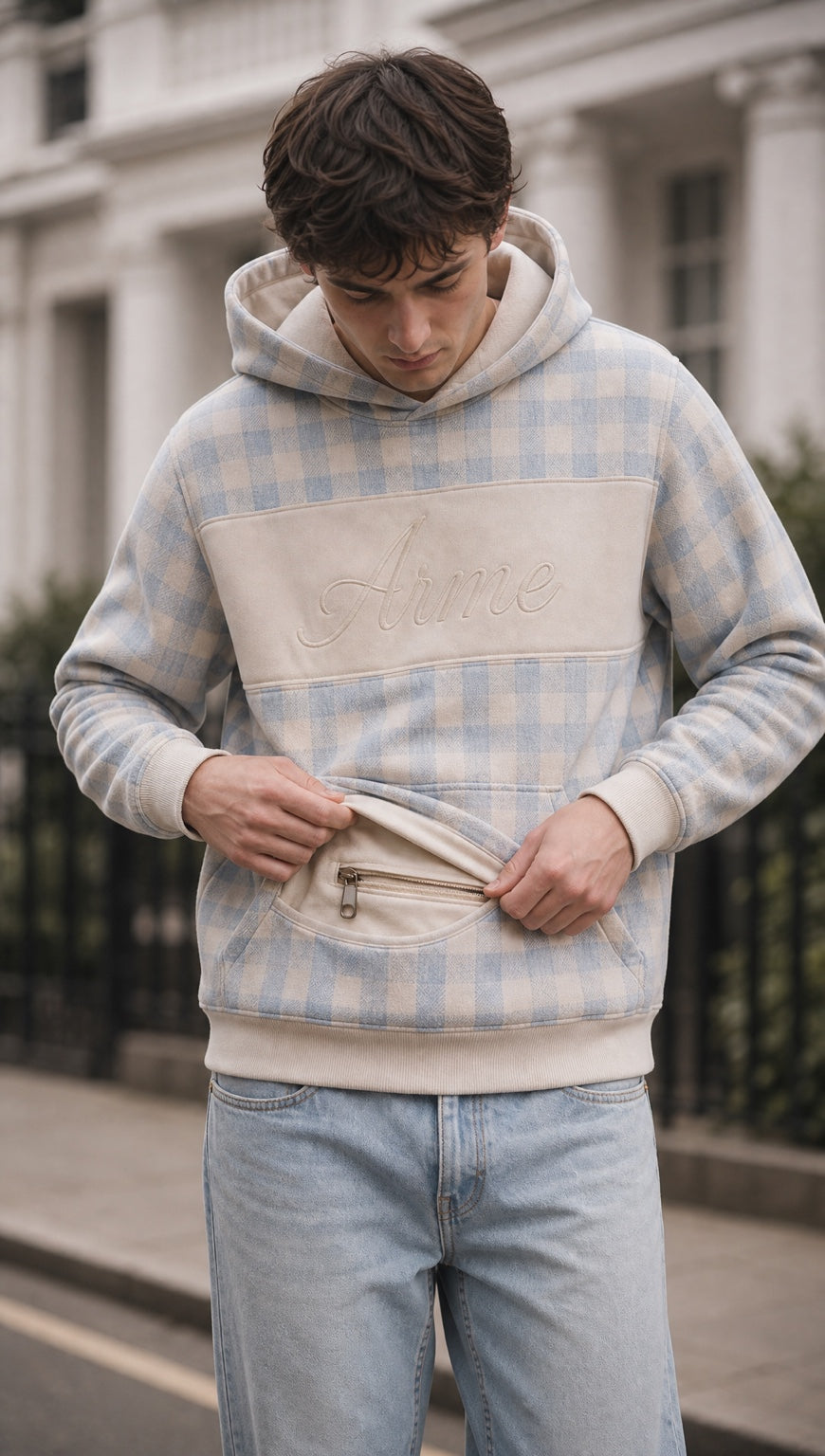 ARME gingham hoodie lifestyle view showing concealed zip pocket