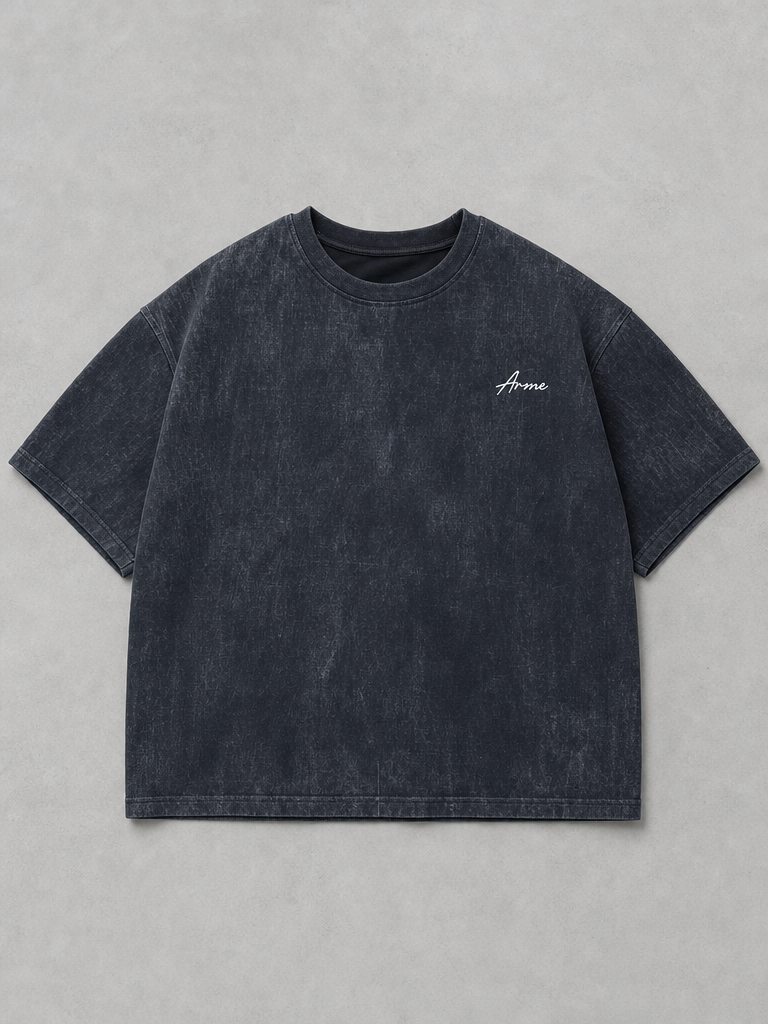 Flat lay front view of the ARME oversized performance tee in washed charcoal