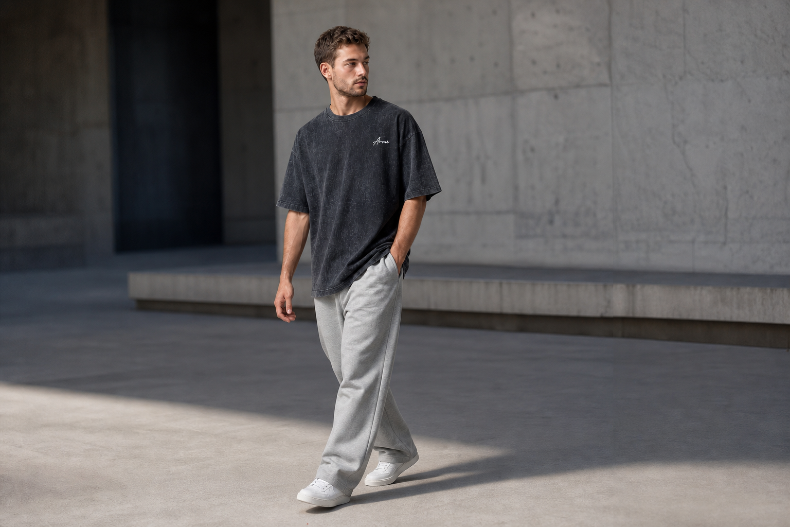 Model walking in the ARME washed charcoal oversized tee and grey pants
