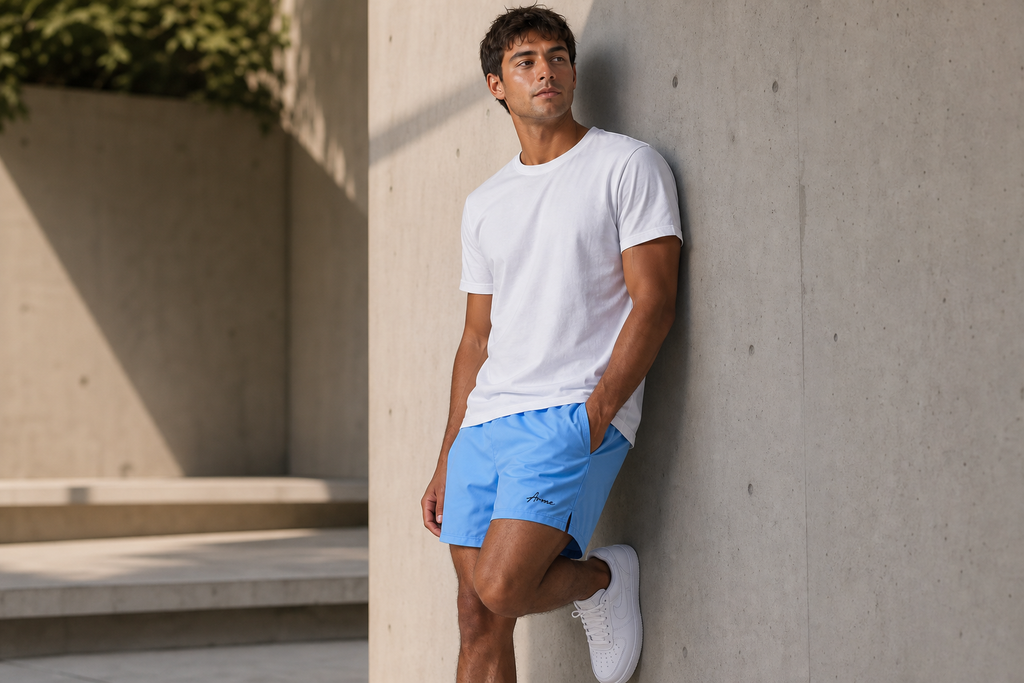 ARME Summer Short in baby blue, alternate lifestyle view