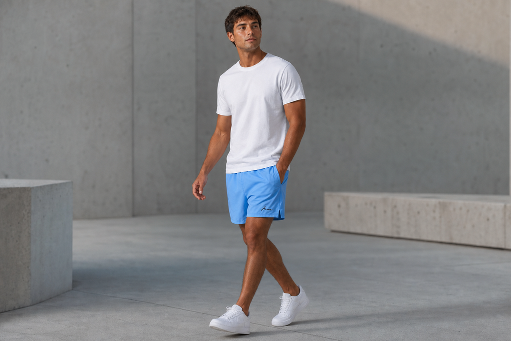 ARME Summer Short in baby blue, lifestyle view