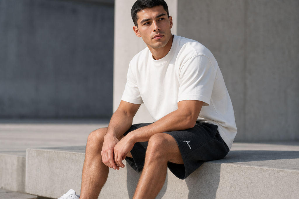 Model wearing ARME charcoal terry shorts, alternate lifestyle view